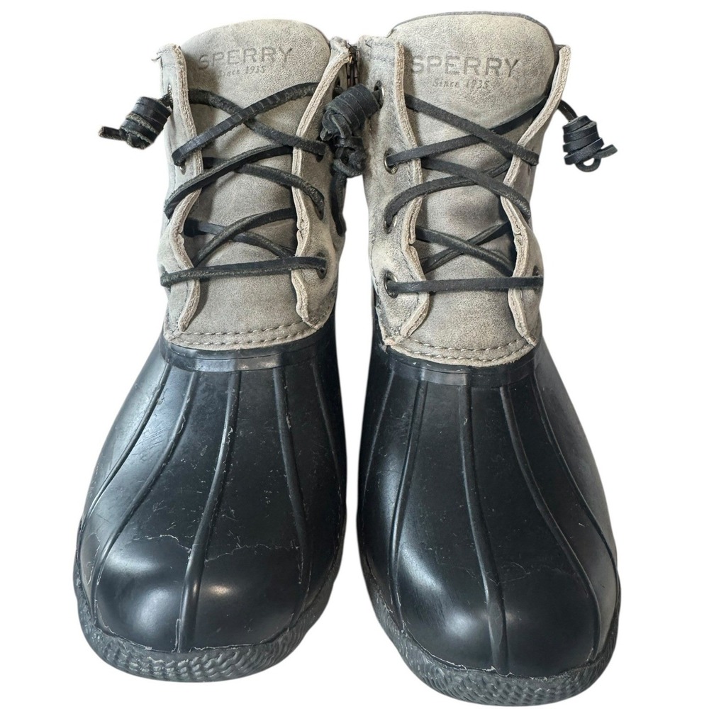 Sperry Top Sider Women's Duck Boots Gray Suede Black Rubber Lace Up Ankle‎